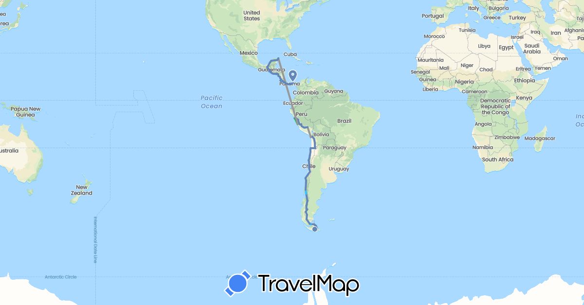 TravelMap itinerary: driving, bus, plane, cycling, boat in Argentina, Chile, Costa Rica, Guatemala, Honduras, Mexico, Nicaragua, Panama, Peru, El Salvador (North America, South America)